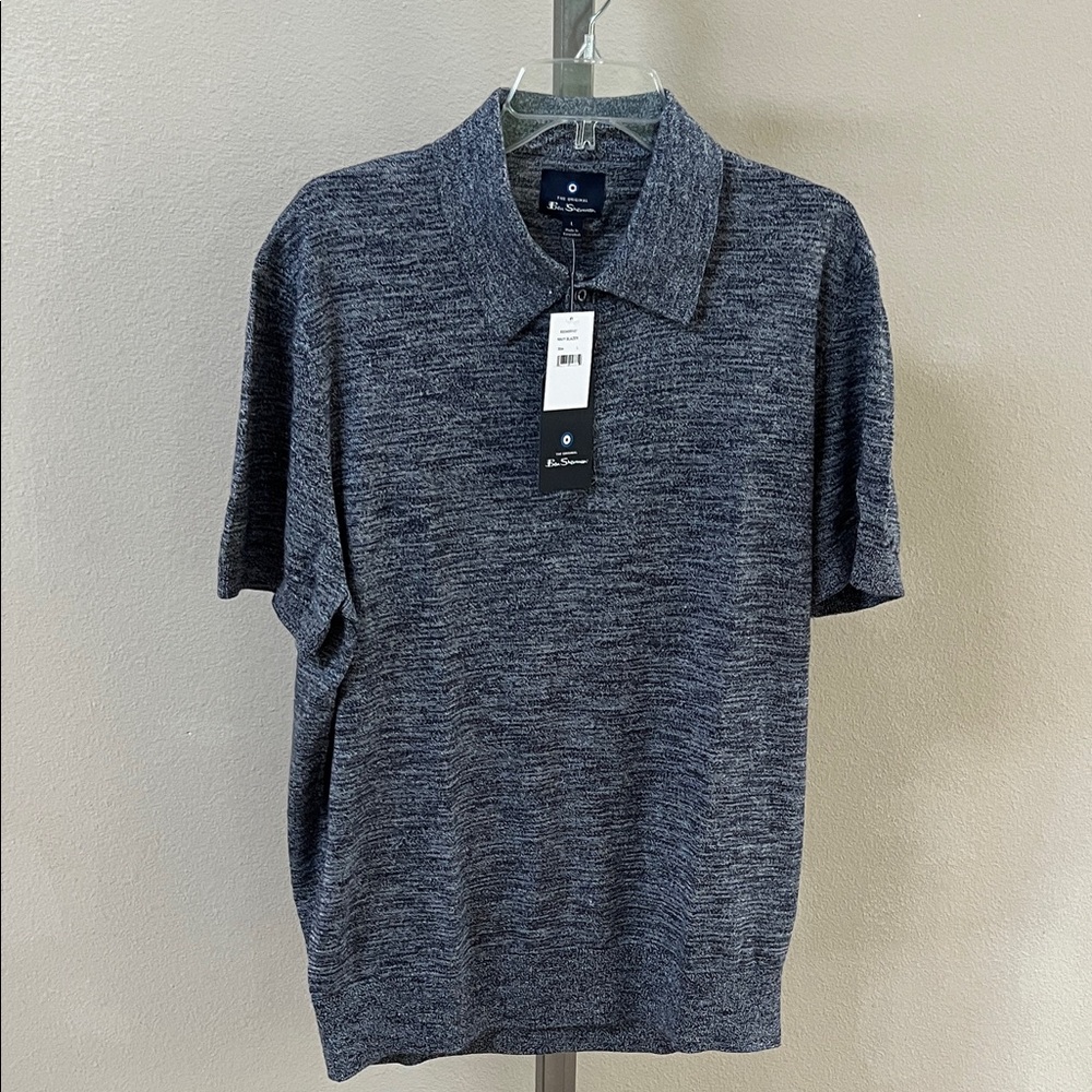 NWT New BEN SHERMAN Spaced Dyed Sweater Polo Navy Large